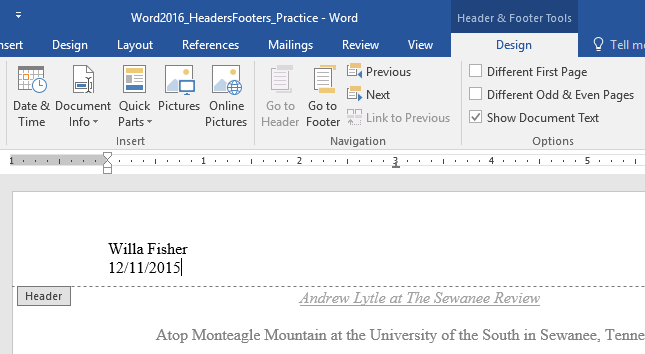 header and footer for author and titel ms word mac 2016