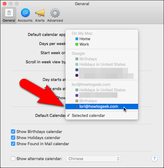 change default calendar in outlook 2016 for mac